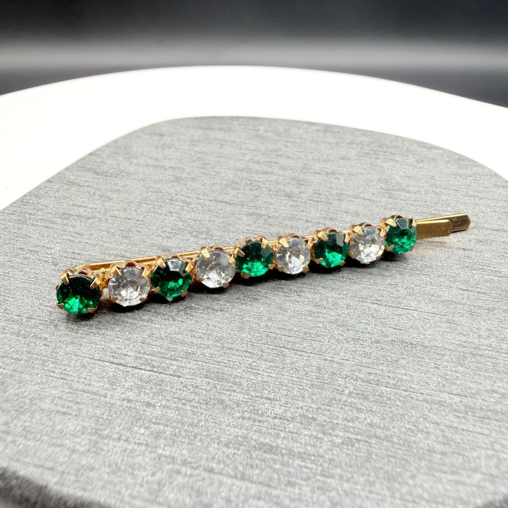 Gold Tone Green Clear Rhinestone Hair Barrette Clip Prong Set Bridal Accessory